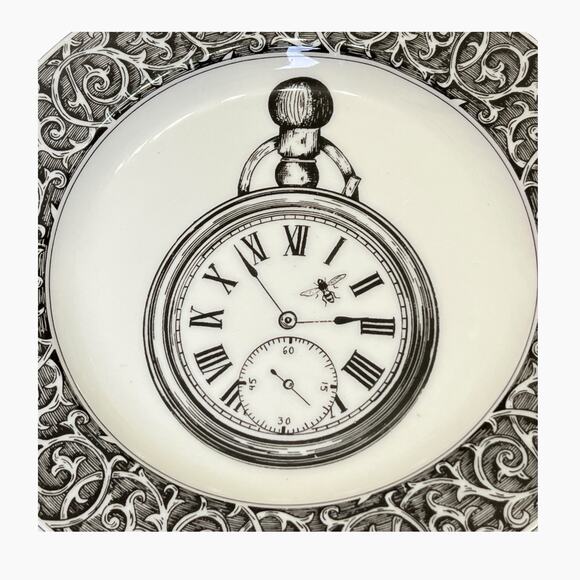 222 Fifth Slice Of Life Time Flys Salad Plate Decorative Black White Artsy 8.25" - Picture 2 of 6